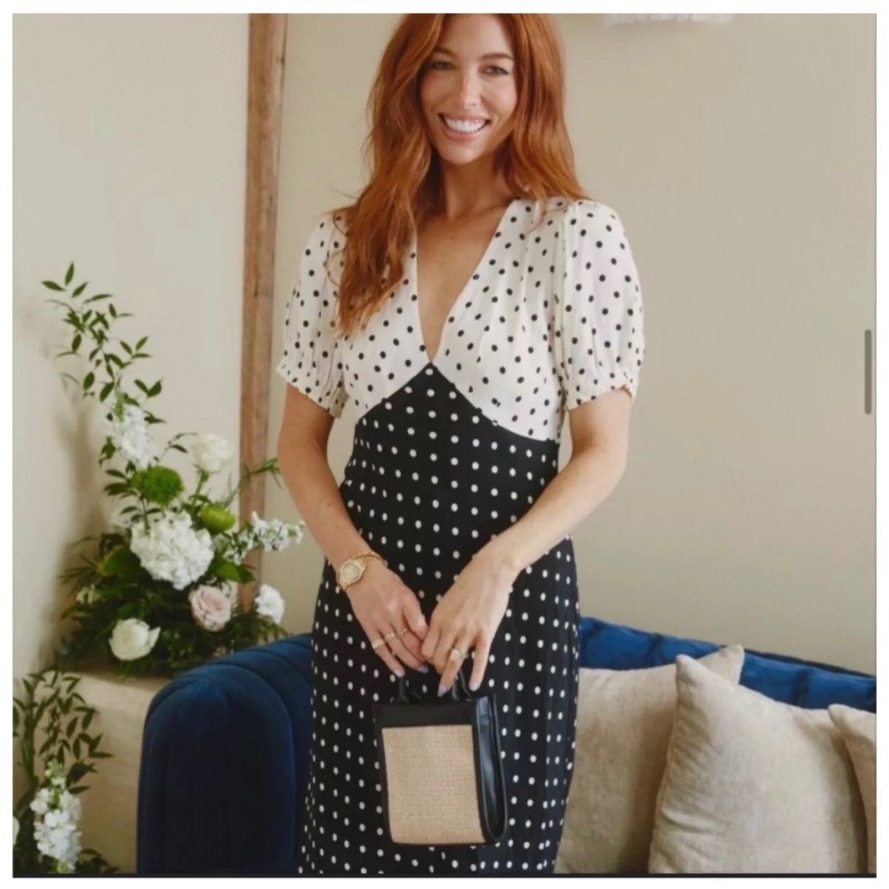 A New Day Midi Dress Womens S Black Cream Polka Dot Colorblock Puff Sleeve Boho